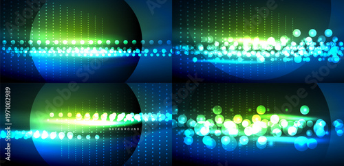 Bright neon lights form abstract patterns. Circles, dots create glowing visual effects. Dark background enhances luminosity, depth.