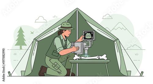 Paleontologist examining dinosaur bone with portable X-ray in field tent