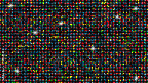 A digital background featuring a complex grid of vibrant multicolored pixels on dark gray base.