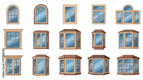 Selection of different architectural window styles including arched, bay, and standard frames for residential building design.