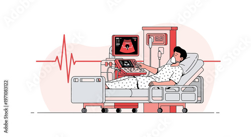 Patient in Hospital Bed Undergoing Medical Scan with Vital Signs Monitor