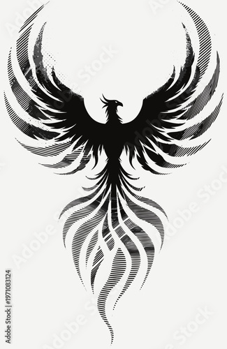 Abstract Phoenix Bird Rising Silhouette, Stylized Tribal Firebird Logo Design for Tattoo Art, Apparel, and Brand Identity