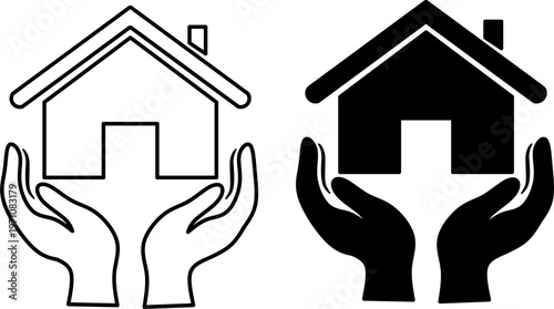 Hands holding a house icon, concept of aging in place and senior home care support. Vector illustration