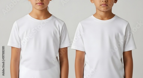 Two children wearing white t-shirts standing side by side against a light gray background kids boys girls
