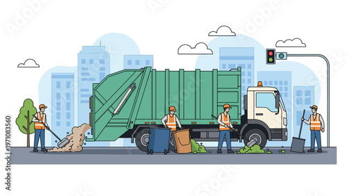 Sanitation workers and a garbage truck cleaning a city street, showing employees using shovels and brooms to manage waste.