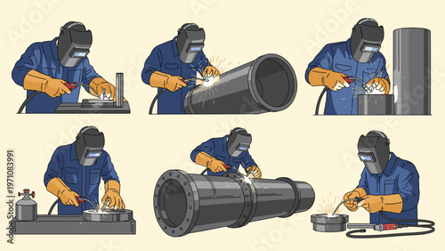 Collection of welders in protective gear working on large metal pipes and industrial components with sparks flying around.