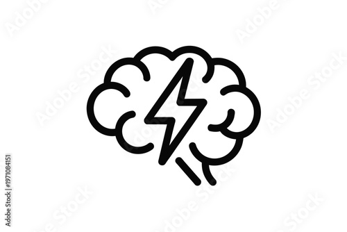 A simple black and white illustration of a brain with a lightning bolt