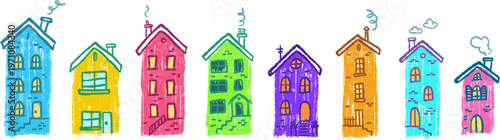 Whimsical row of colorful hand drawn houses with chimneys and smoke curls in textured crayon style. Set of cute residential buildings and cottages features cozy, sketchy aesthetic isolated on white ba