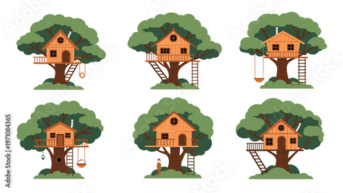 Set of six different wooden treehouse illustrations with ladders and swings nestled in green leafy trees on white.