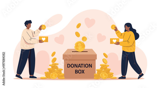 Diverse people putting gold coins into large donation box surrounded by piles of money and heart shapes for charity.
