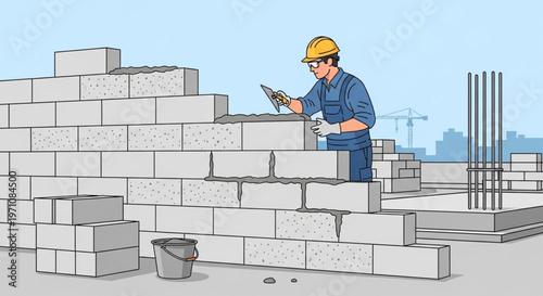 Construction Worker Building a Masonry Wall Illustration
