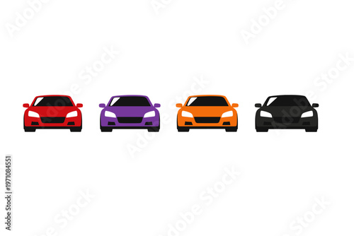 Four vibrant sports car illustrations in red, purple, orange, and black, showcasing a front-facing view against a clean white background, perfect for automotive themes