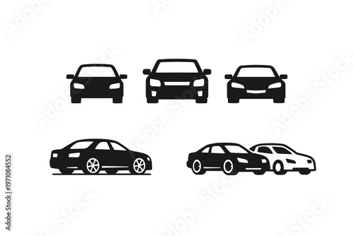 Collection of Five Car Silhouettes, Showcasing Various Automobile Designs and Angles, Perfect for Automotive Industry Graphics