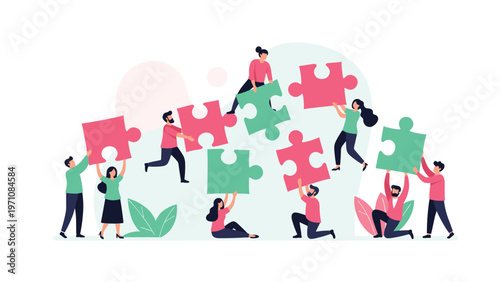 Diverse group of people working together to assemble large pink and green puzzle pieces symbolizing teamwork and cooperation.