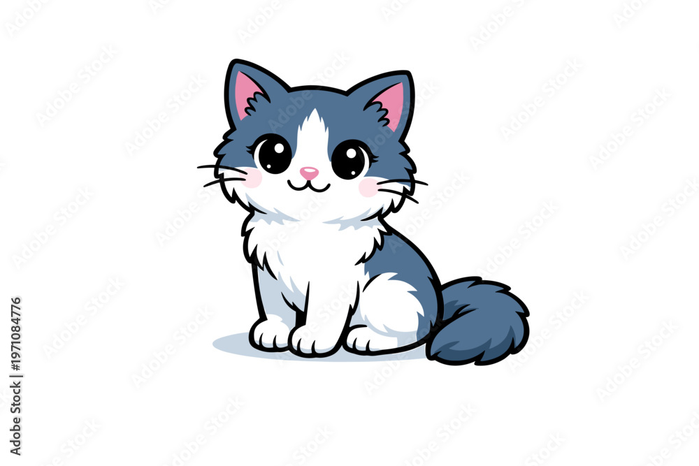 Fototapeta premium Cute Fluffy Gray and White Cat Illustration Sitting and Looking Forward with a Playful and Adorable Expression on a White Background