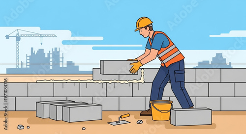Professional Mason Building a Masonry Wall Illustration