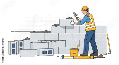 Construction Worker Building a Masonry Wall with Tools Illustration