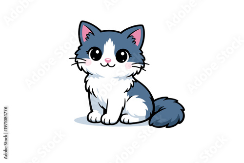 Cute Fluffy Gray and White Cat Illustration Sitting and Looking Forward with a Playful and Adorable Expression on a White Background