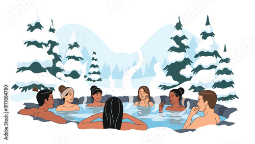 Group of diverse friends relaxing in a steaming outdoor hot tub surrounded by snowy mountains and pine trees.
