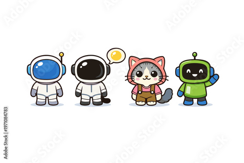 Cute cartoon astronauts and robots with a whimsical cat character, representing a fusion of space exploration and futuristic companionship in a playful artistic style