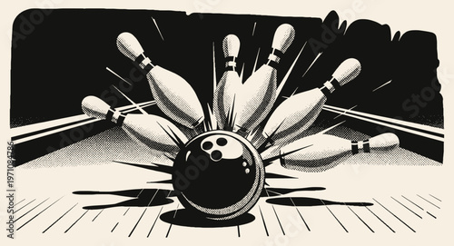 Bowling Ball Crashing into Pins in Retro Halftone Style