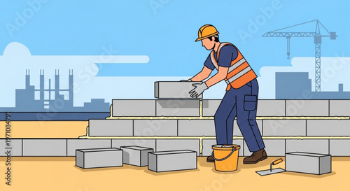 Construction Worker Building a Masonry Wall Illustration