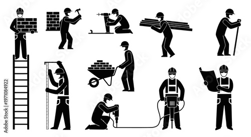 Construction Workers Glyph Icon Set. Building, Engineering, and Renovation Silhouettes