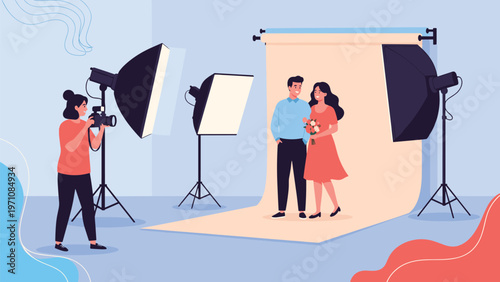 Photographer taking professional photos of a young couple with flowers in a well equipped studio with backdrops and lights.