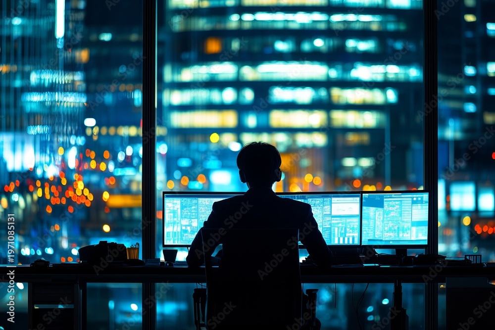 Fototapeta premium Late Night Entrepreneur Silhouette of a Professional Working Late, Illuminated Cityscape and Dreams