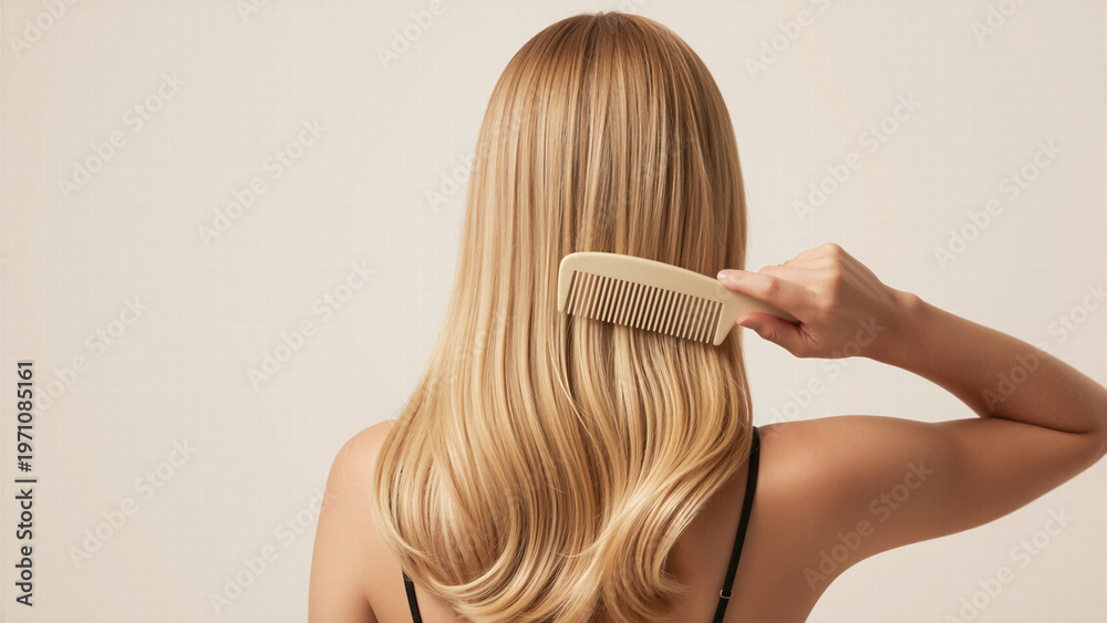 Naklejka premium Beautiful young woman brushing her long blonde hair from behind for elegant hair care concepts cosmetic beauty salon graphics and healthy grooming routines.