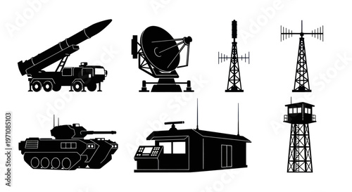 Military Defense Communication Technology Equipment and Installations Silhouette Vector Icons Set