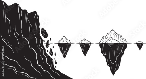 Black and white illustration of mountain cliff and icebergs