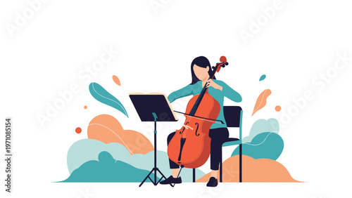 Talented female musician sitting and playing a large wooden cello against a white background with abstract floral shapes.
