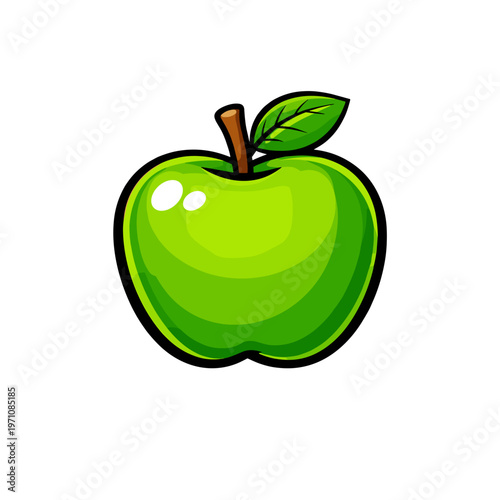 Vibrant green apple with a single leaf, a healthy and organic fruit, perfect for diet and nutrition, illustration for food and health products