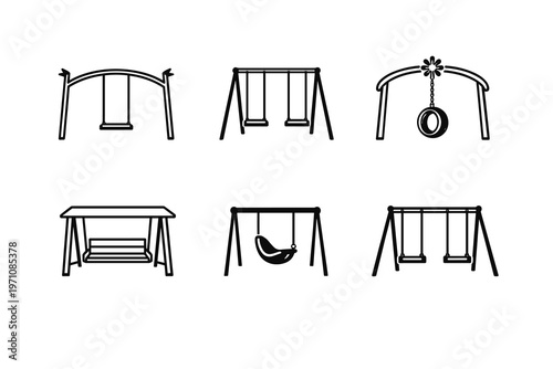 A collection of various swing set designs and playground equipment, ideal for outdoor recreational spaces and park planning illustrations