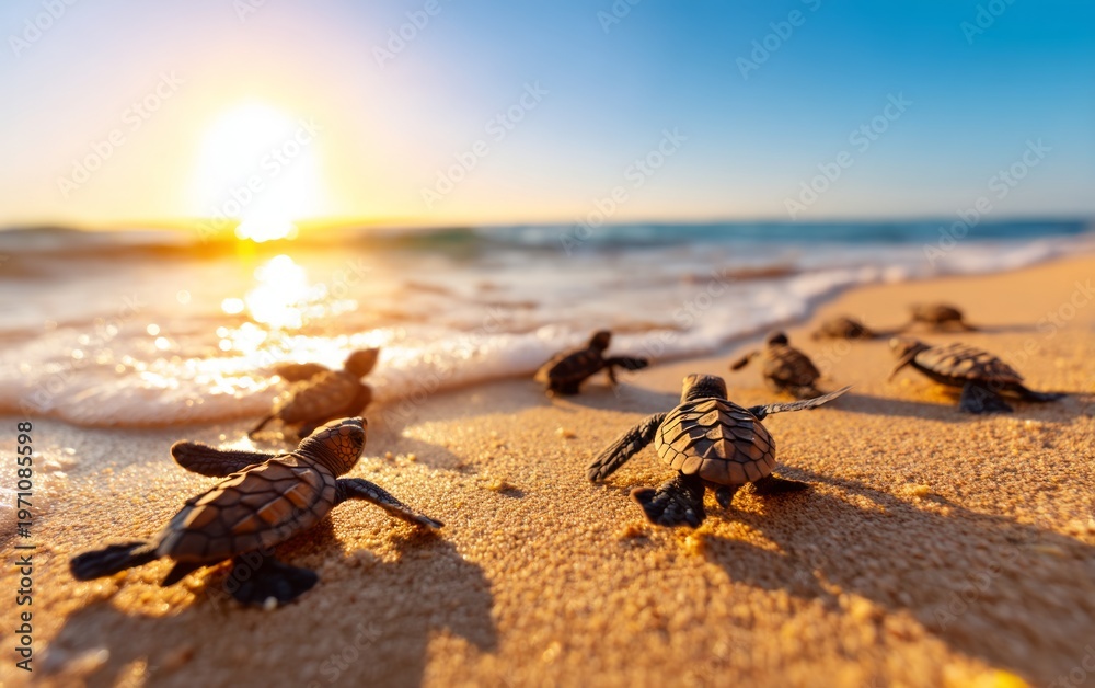 Obraz premium Hatchlings Racing Toward the Ocean at Sunrise on a Beach Shoreline