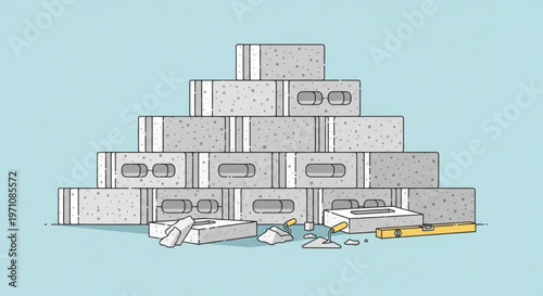 Stack of Cinder Blocks with Masonry Tools Illustration