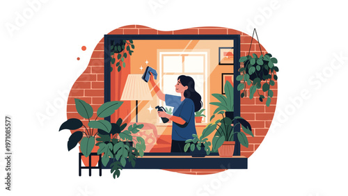 Young woman in blue shirt cleaning the window of her brick house filled with many green houseplants and sunlight.
