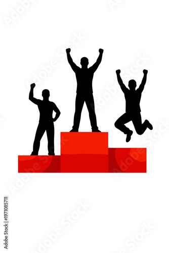 Champions on a winner's podium, celebrating victory with raised hands, a symbol of success, achievement, and triumph in competitive events