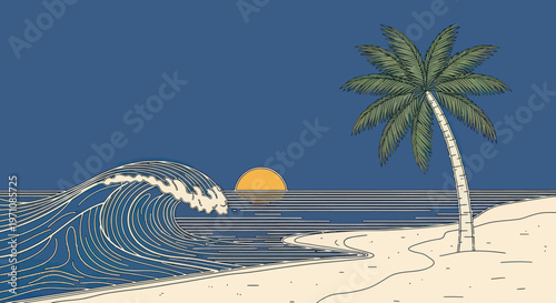 Palm tree on sandy beach shore.