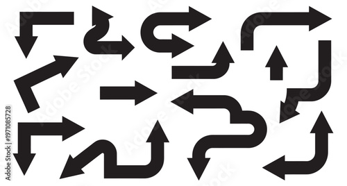 Collection of diverse black arrows pointing in various directions and shapes on white background