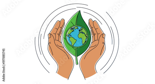 Hands holding green leafy earth globe.