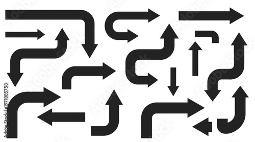 Assortment of black directional arrows with curves and straight lines on a white background