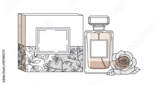 Perfume bottle with rose and box.