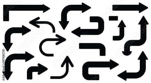 Variety of black arrows indicating direction, featuring curves and sharp turns on white