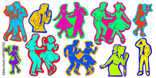 Colorful 1950s rock and roll dance party silhouettes sticker set. Retro couples dancing, diner waitress on roller skates, and singer vector illustration