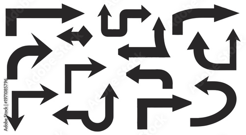 Group of black arrows showing different directions, including curves and angles on white