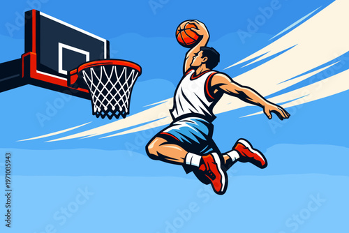 Basketball Player Performing A Powerful Slam Dunk On A Sky Blue Background With A Basketball Hoop And Net In This Action-Packed Athletic Illustration