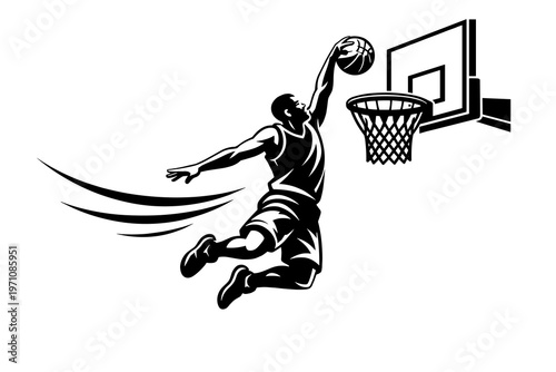 Dynamic basketball player silhouette performing an impressive slam dunk, capturing the athletic power and excitement of the sport in a monochrome illustration
