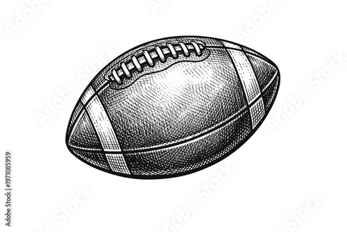 American football, a traditional sport with a rich history, is depicted in a vintage black and white illustration with detailed shading and a classic design